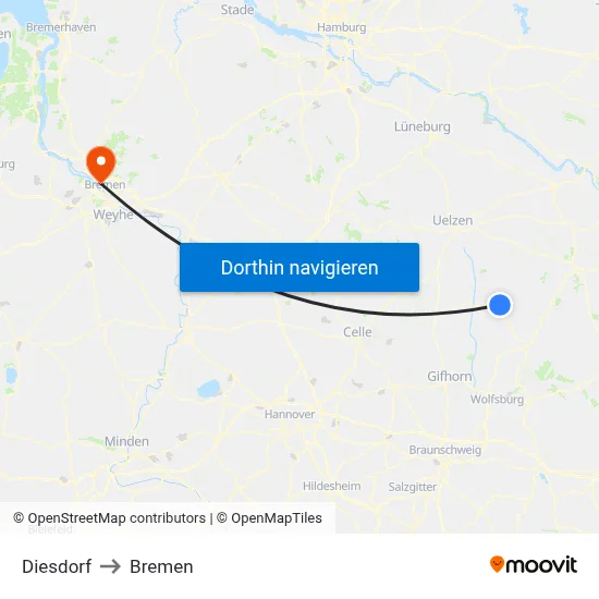 Diesdorf to Bremen map