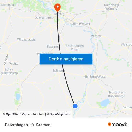 Petershagen to Bremen map