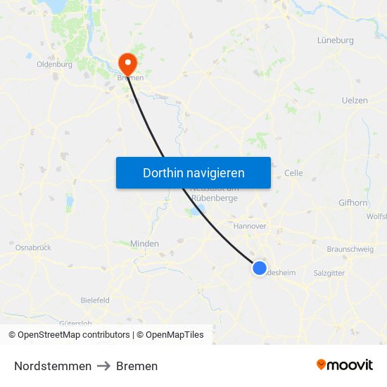 Nordstemmen to Bremen map