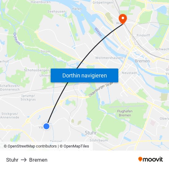 Stuhr to Bremen map