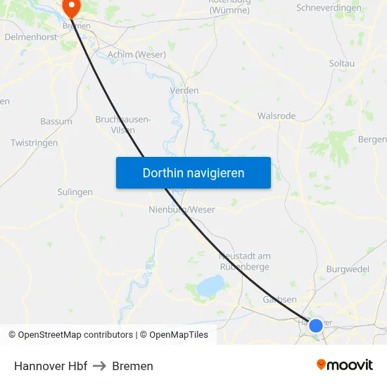 Hannover Hbf to Bremen map