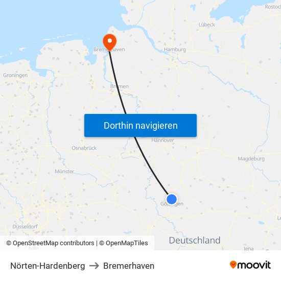 Nörten-Hardenberg to Bremerhaven map