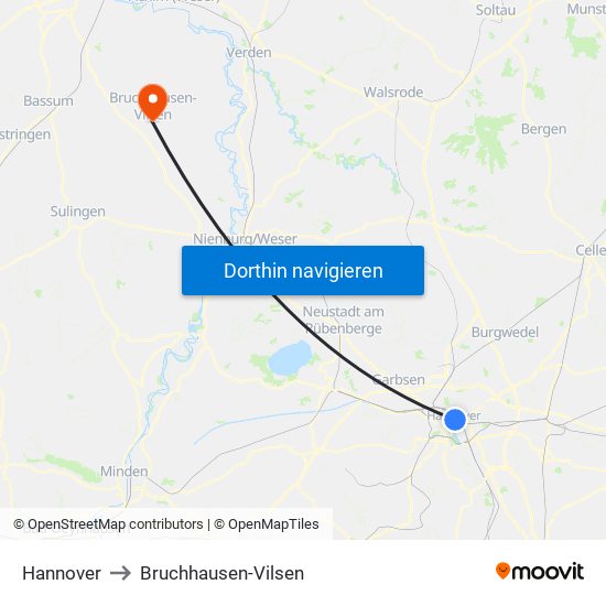 Hannover to Bruchhausen-Vilsen map