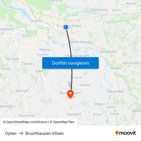 Oyten to Bruchhausen-Vilsen map