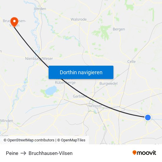 Peine to Bruchhausen-Vilsen map