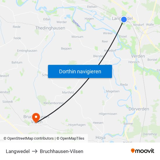 Langwedel to Bruchhausen-Vilsen map