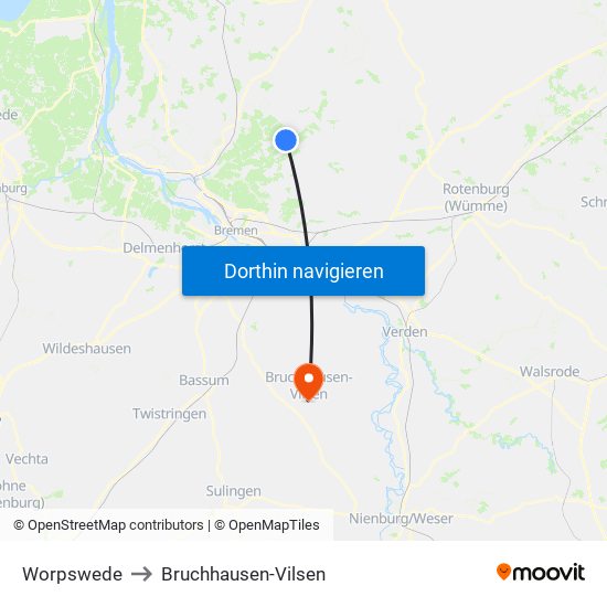 Worpswede to Bruchhausen-Vilsen map