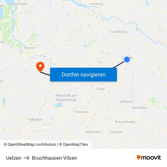 Uelzen to Bruchhausen-Vilsen map