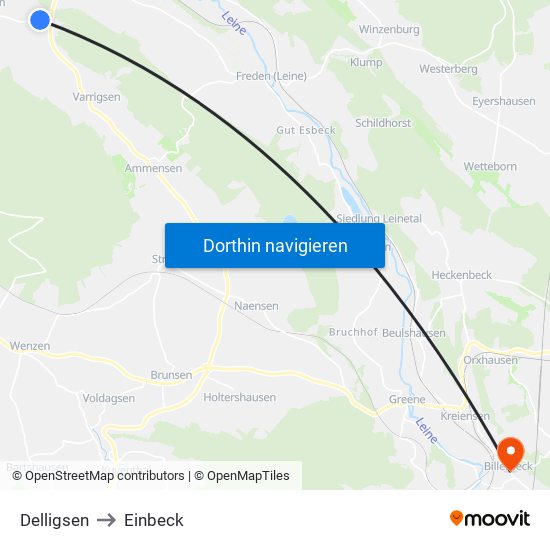 Delligsen to Einbeck map
