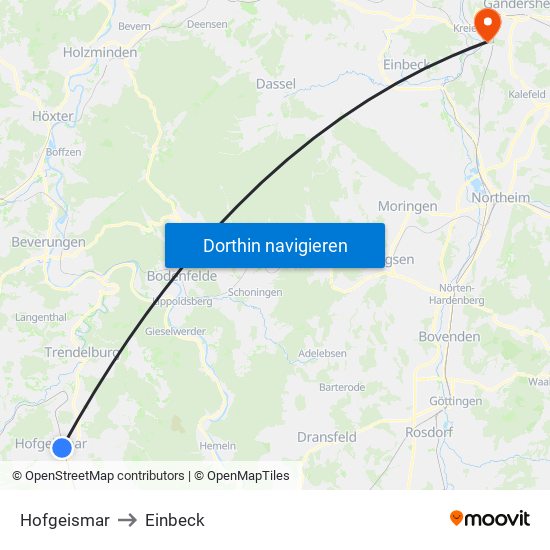 Hofgeismar to Einbeck map