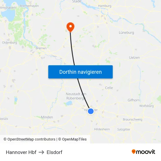 Hannover Hbf to Elsdorf map