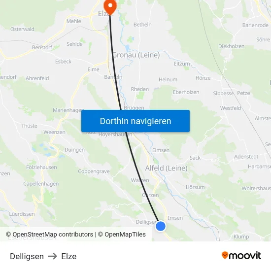 Delligsen to Elze map