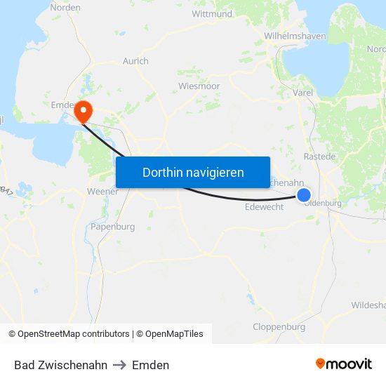 Bad Zwischenahn to Emden map