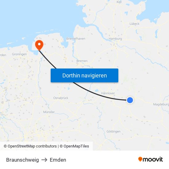 Braunschweig to Emden map