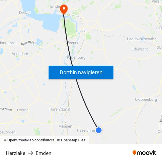 Herzlake to Emden map