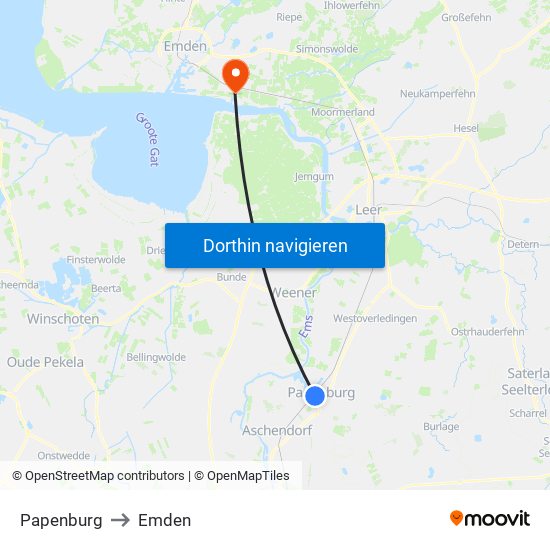 Papenburg to Emden map