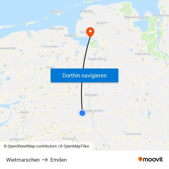 Wietmarschen to Emden map