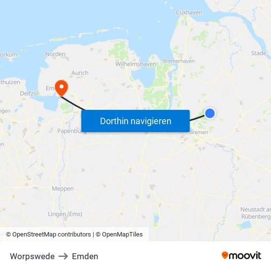 Worpswede to Emden map