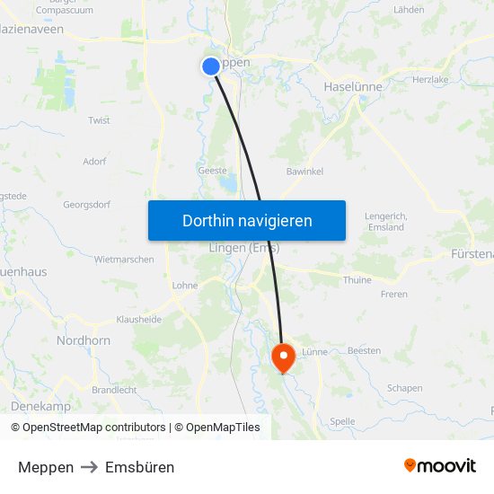 Meppen to Emsbüren map