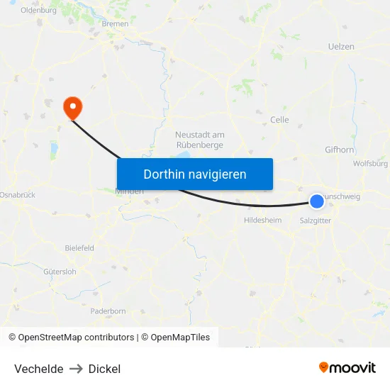 Vechelde to Dickel map