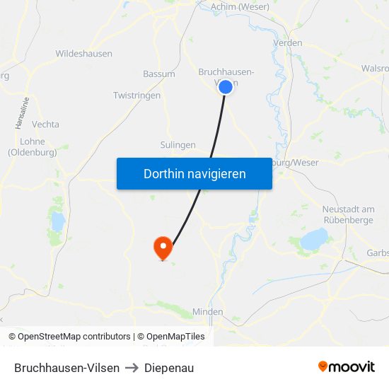 Bruchhausen-Vilsen to Diepenau map