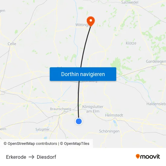 Erkerode to Diesdorf map
