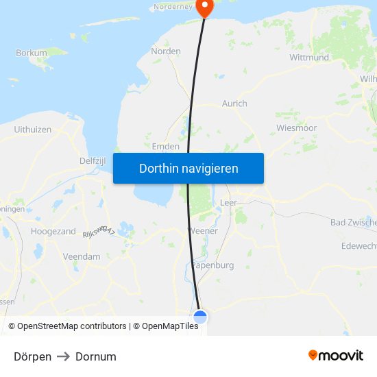 Dörpen to Dornum map