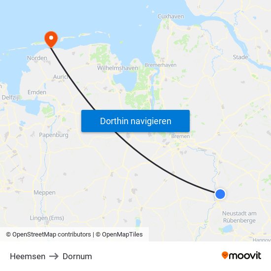Heemsen to Dornum map