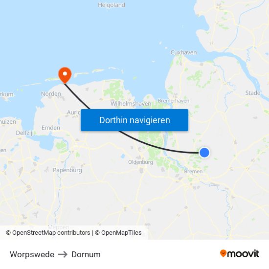 Worpswede to Dornum map