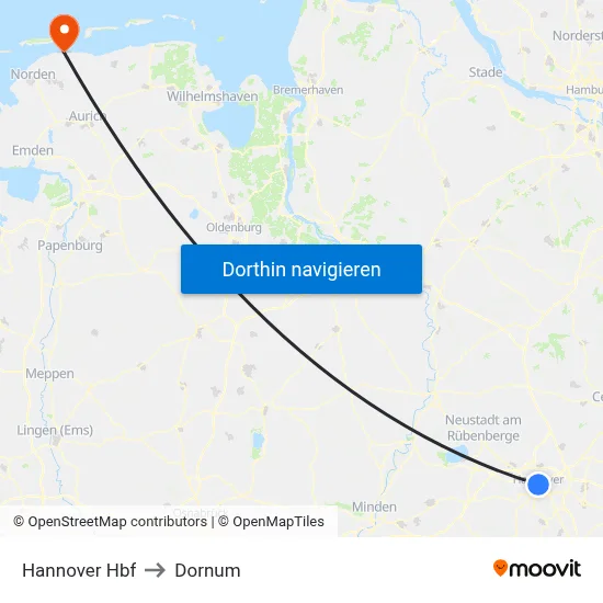Hannover Hbf to Dornum map