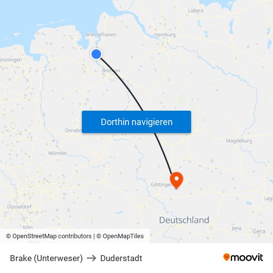 Brake (Unterweser) to Duderstadt map