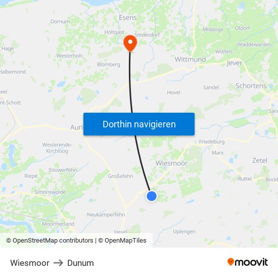 Wiesmoor to Dunum map