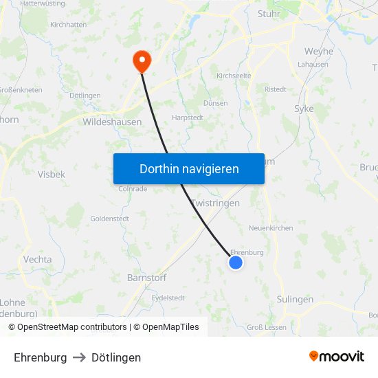 Ehrenburg to Dötlingen map