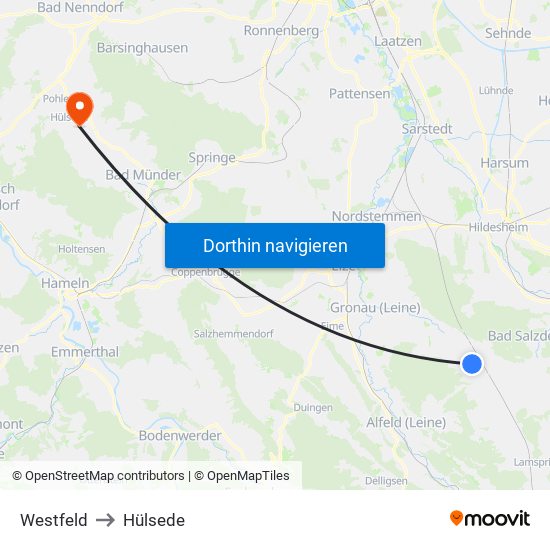 Westfeld to Hülsede map