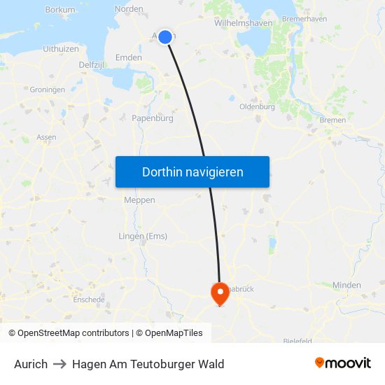 Aurich to Hagen Am Teutoburger Wald map