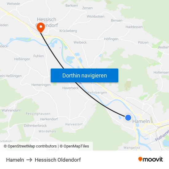 Hameln to Hessisch Oldendorf map