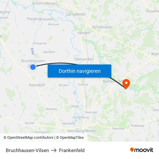 Bruchhausen-Vilsen to Frankenfeld map