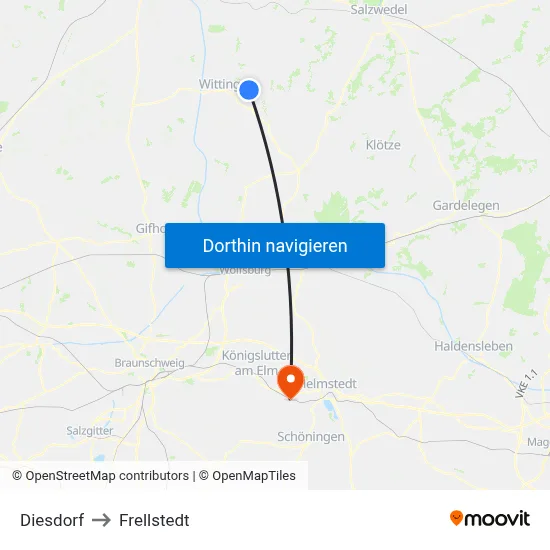Diesdorf to Frellstedt map