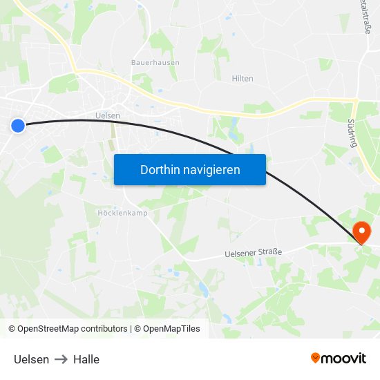 Uelsen to Halle map