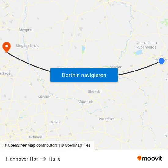 Hannover Hbf to Halle map