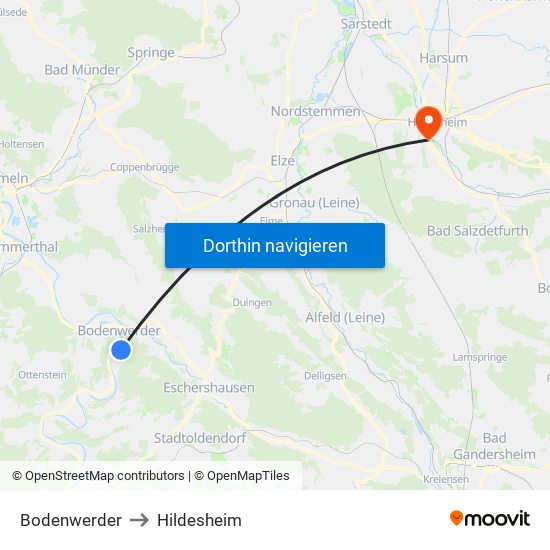 Bodenwerder to Hildesheim map