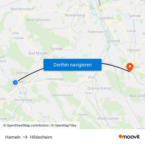 Hameln to Hildesheim map