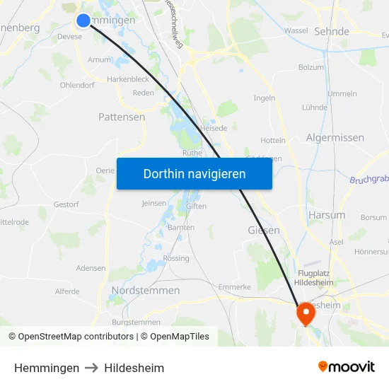 Hemmingen to Hildesheim map