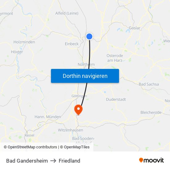 Bad Gandersheim to Friedland map