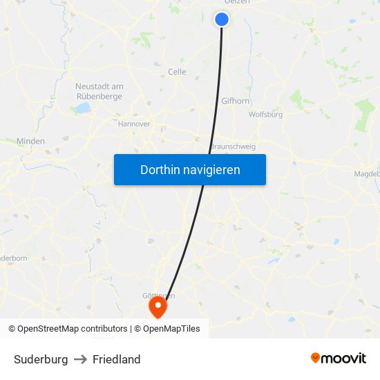 Suderburg to Friedland map