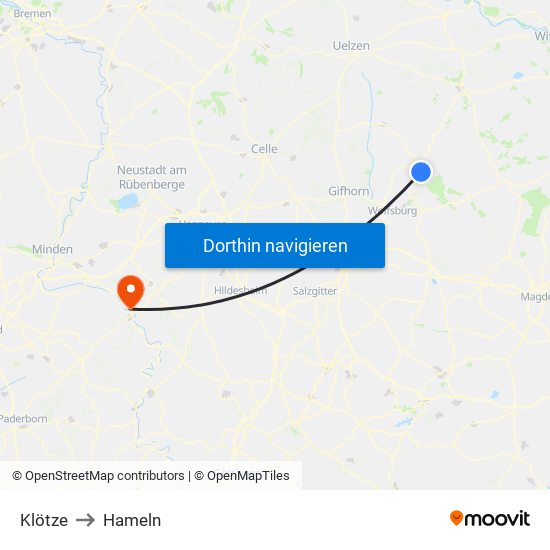 Klötze to Hameln map