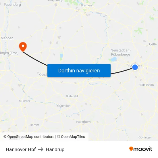 Hannover Hbf to Handrup map