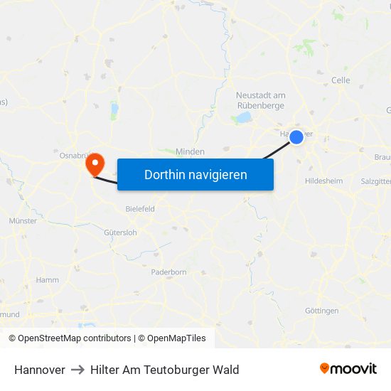 Hannover to Hilter Am Teutoburger Wald map