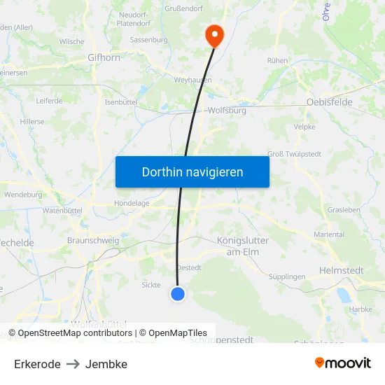 Erkerode to Jembke map