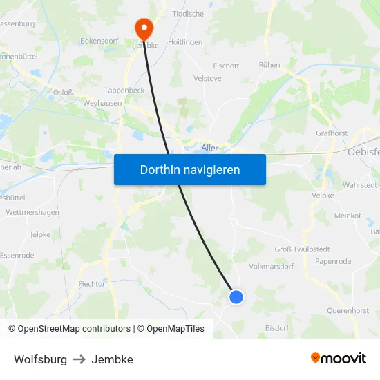 Wolfsburg to Jembke map